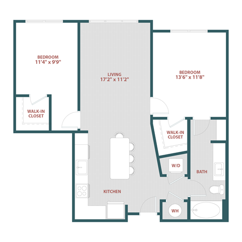 Floor plan for 2 beds, 1 bath, 935 sqft
